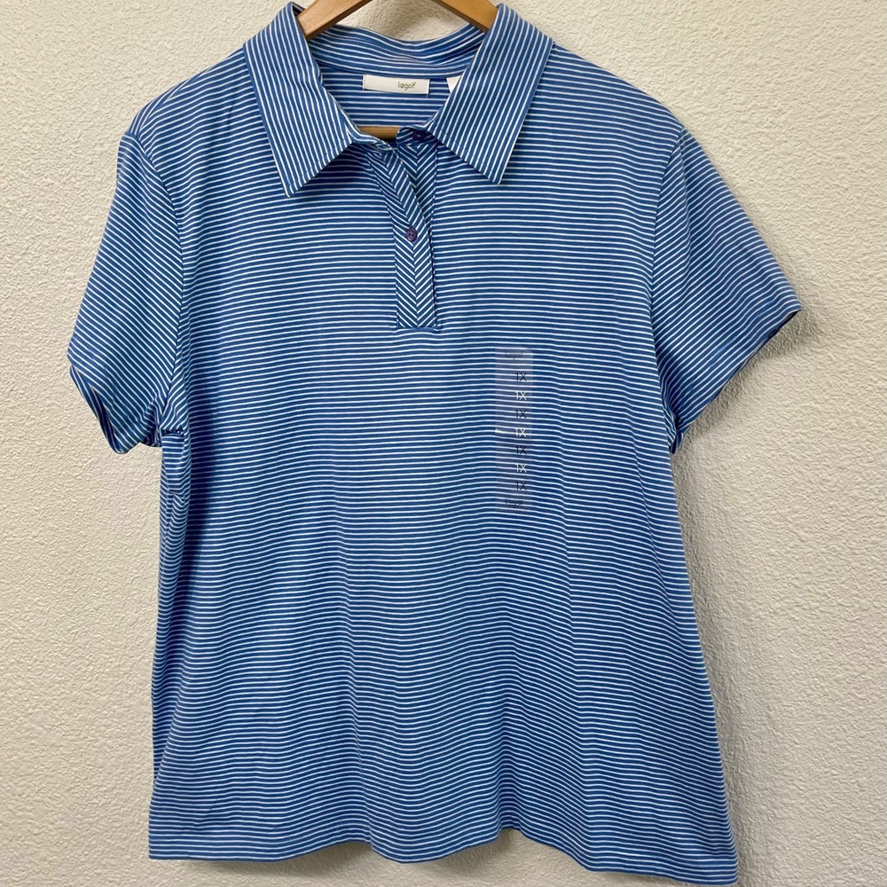 NWT Lizgolf Blue and White Striped Polo Golf Shirt